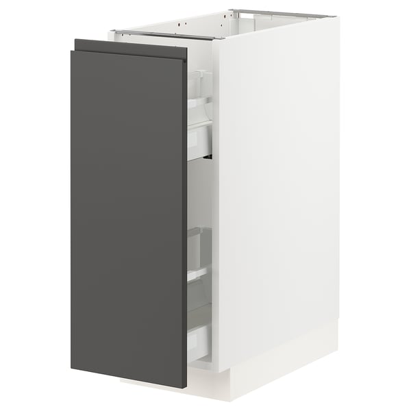 SEKTION kitchen cabinet in white with dark grey door, sleek modern design, partially open.