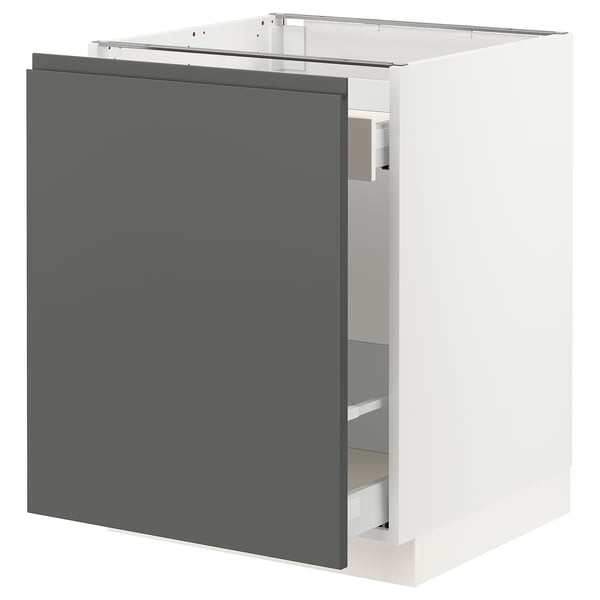 Modern kitchen cabinet, dark grey, white interior, square shape, minimalist design.