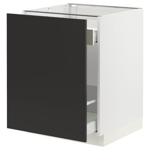 An ikea SEKTION kitchen cabinet with a matt black nickebo door. The cabinet has a white frame and a high drawer with a metallic rail.