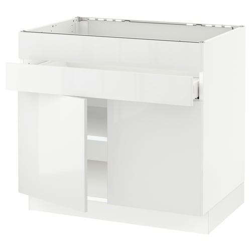 Modern white gloss kitchen cabinet with sleek design and adjustable shelves.
