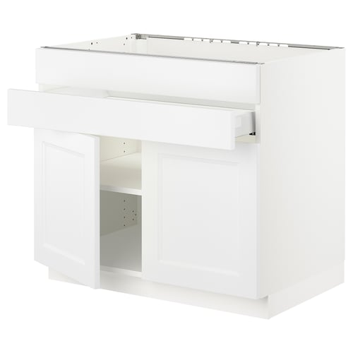 White ikea SEKTION kitchen unit with shelves and closed compartment, sleek modern design.