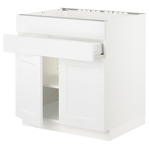 White SEKTION kitchen unit with one open shelf, two closed cabinets, and sleek design.