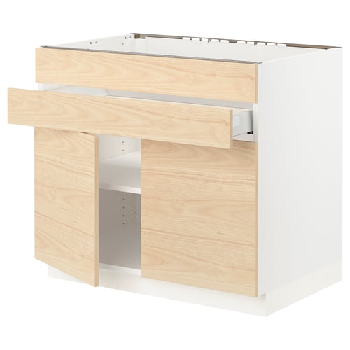 White kitchen cabinet from SEKTION series with ash wood pattern, single drawer, open shelf.