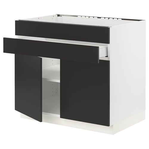 Black & white kitchen unit, modern, rectangular, with one open shelf, matt black and white finish, contemporary design.