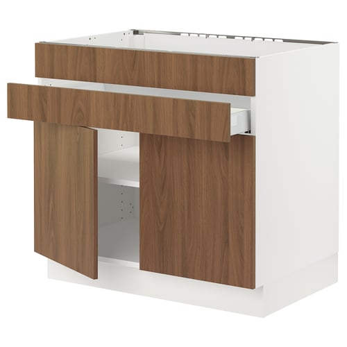 Modern kitchen unit with white base and walnut-style wooden drawers. Several large drawers and a cabinet space, designed for a sleek, minimalist look.