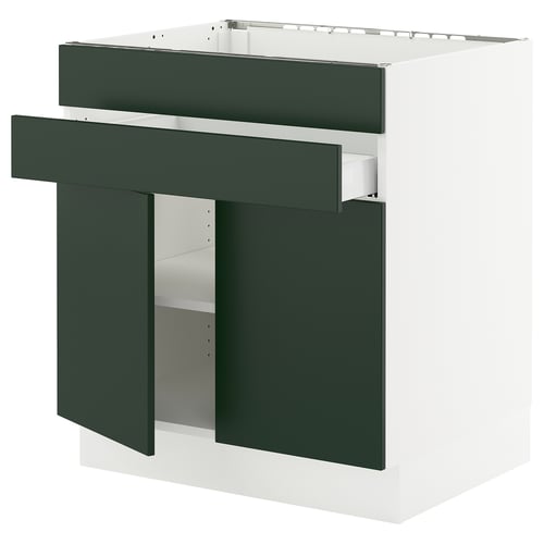 SEKTION kitchen cabinet, dark green havstorp fronts, white frame, modern design, adjustable shelves, metal hinges.