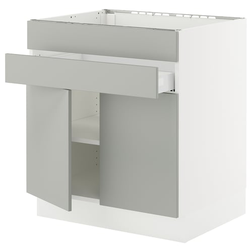 SEKTION kitchen cabinet in light grey with adjustable shelves.