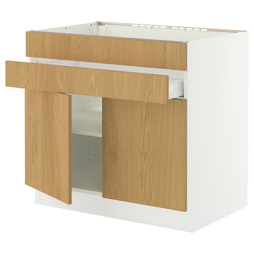 Ikea SEKTION kitchen unit in white and oak veneer, with one open shelf and an adjustable shelf, featuring snap-on hinges and drawer dampers.