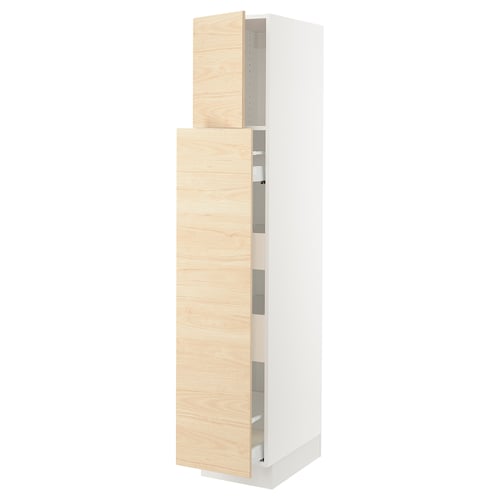 SEKTION kitchen cabinet: tall, narrow, light ash wood, white frame, adjustable shelves, soft-close hinges.