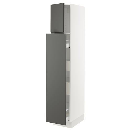 Modern grey kitchen cabinet with sleek, dark grey doors and white frame, featuring integrated handles and smooth, adjustable shelves for storage.