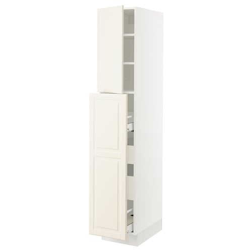 White SEKTION kitchen cabinet with two doors, shelves, and drawers. Off-white, bevelled edges for a traditional look.
