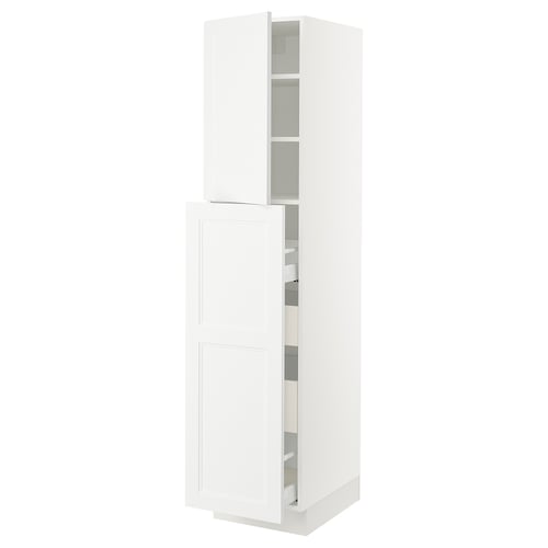 A white ikea SEKTION tall kitchen cabinet with open doors, showcasing shelves inside.