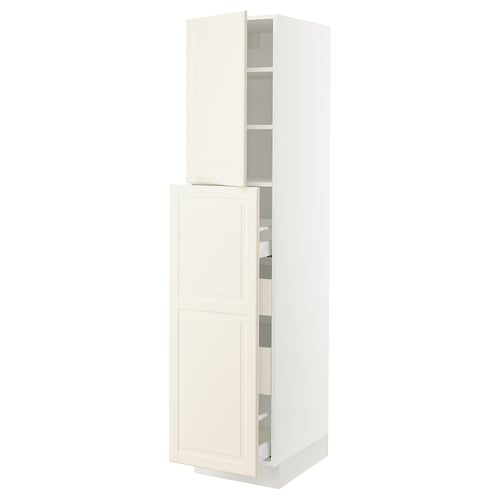 White SEKTION kitchen cabinet with off-white doors, adjustable shelves, and bevelled edges.