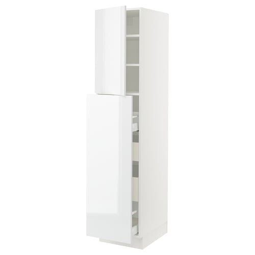 A white SEKTION kitchen cabinet with glossy doors and adjustable shelves.