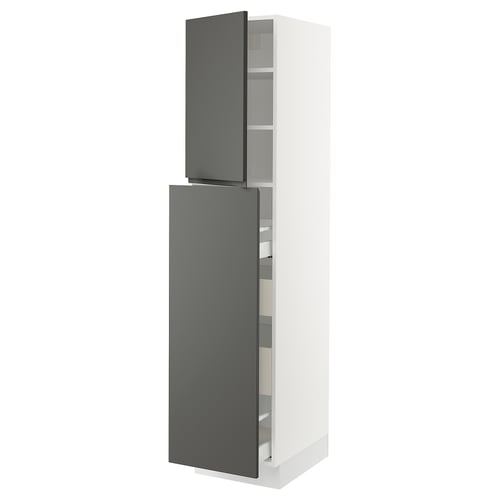 A tall white and dark grey cabinet from the SEKTION kitchen system, featuring multiple shelves and a modern design with integrated handles.
