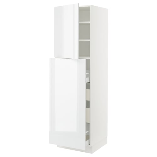 High gloss white kitchen cabinet with adjustable shelves and drawers.