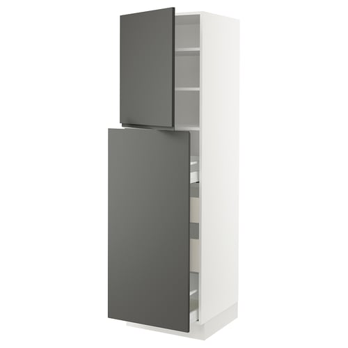 Modern kitchen cabinet, tall white unit with dark grey doors.