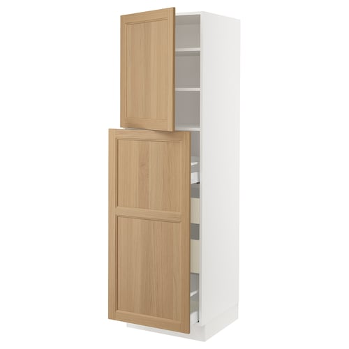 White SEKTION cabinet with oak doors, top open.