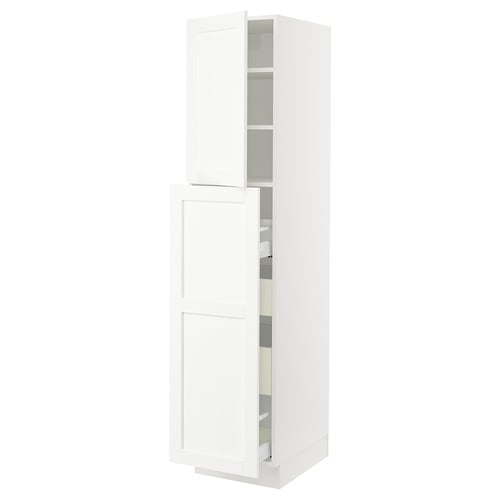 White tall kitchen cabinet with adjustable shelves and doors.