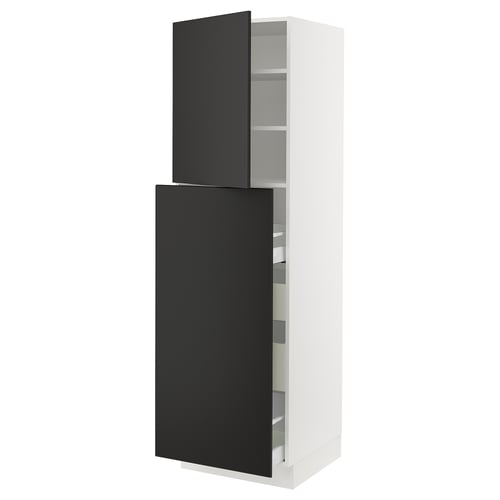 Modern kitchen cabinet with black doors; tall, rectangular, adjustable shelves, quality materials.
