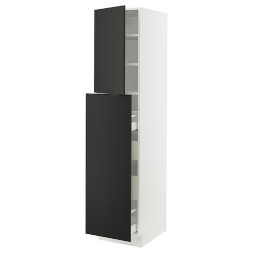 A modern, tall, white kitchen cabinet with black doors. It an adjustable shelf and a high-quality, sleek design.