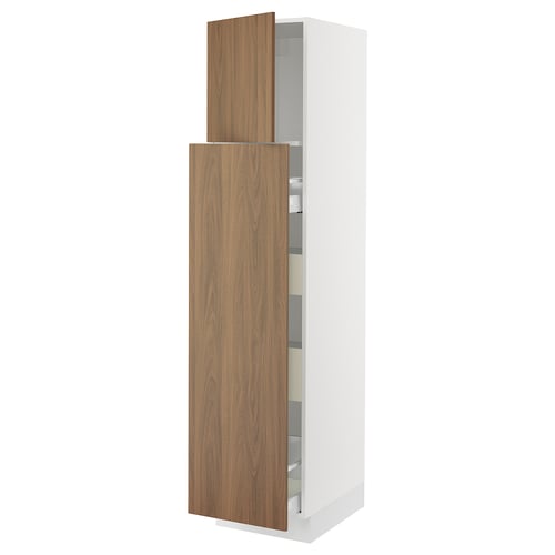 This image shows a white SEKTION kitchen cabinet with wooden walnut doors and a sleek, modern design.