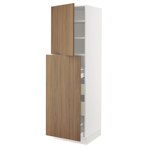 Ikea SEKTION white tall kitchen cabinet with walnut doors and adjustable shelves.