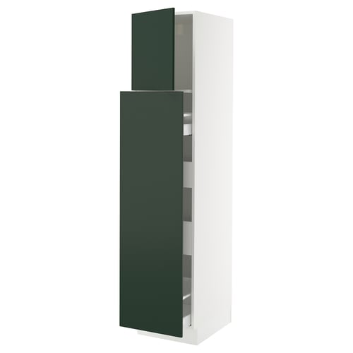 SEKTION kitchen cabinet in green, white frame, tall with shelves, modern design.