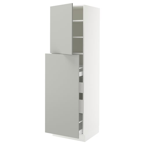 Modern white kitchen cabinet with one open door, light grey, rectangular, has shelves.