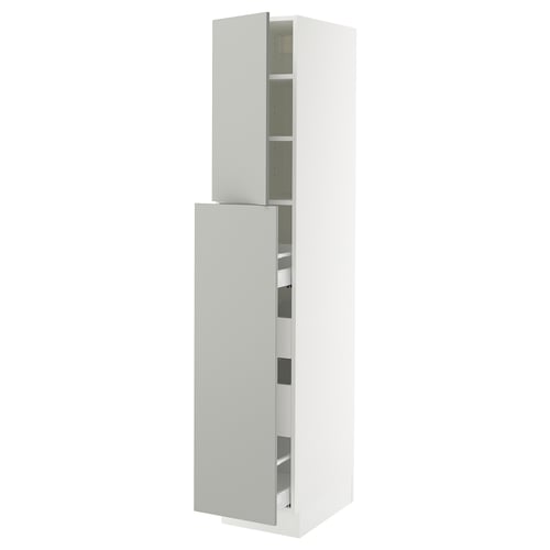 Modern white kitchen cabinet with light grey doors and adjustable shelves.