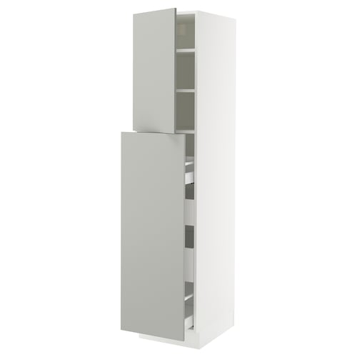 White tall kitchen cabinet with adjustable shelves and grey drawer.