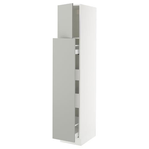 Modern white cabinet, tall with shelves, sleek minimal design.