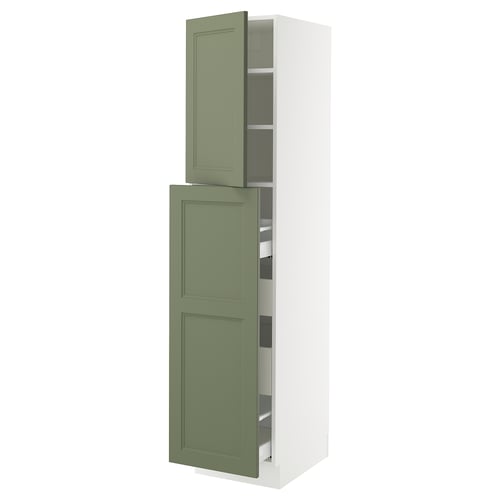 This image shows an ikea SEKTION kitchen cabinet in green with open doors and shelves.