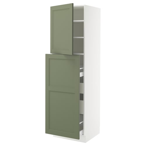 Ikea SEKTION grey-green kitchen cabinet, adjustable shelves, pull-out drawer, modern traditional design.
