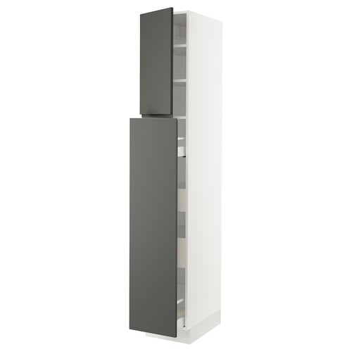 Modern tall white cabinet with dark grey doors, sleek design, storage shelves, integrated handles.