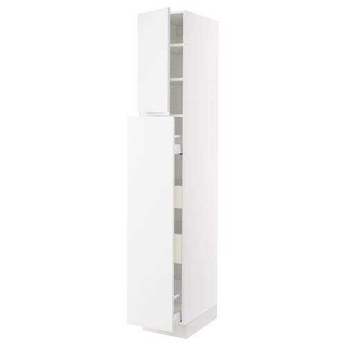 A white SEKTION kitchen cabinet with adjustable shelves and integrated handles. It has a sleek, modern design.