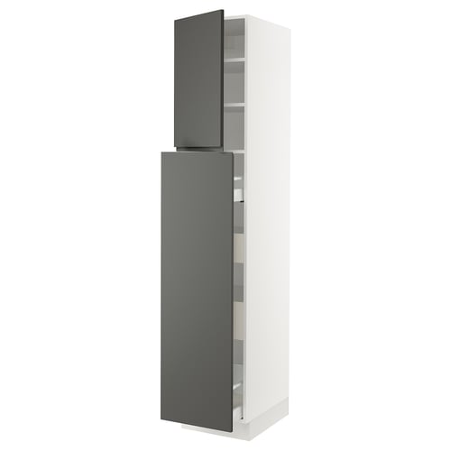 White tall grey cabinet, minimalist modern design, dark grey removable doors.