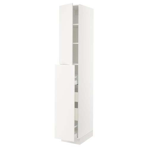 Modern white kitchen cabinet with adjustable shelves and smooth doors.