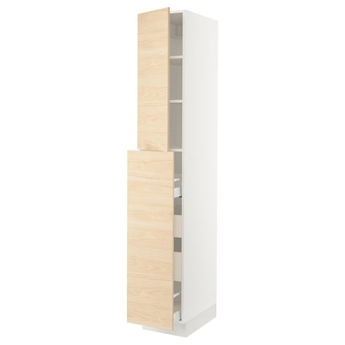 White cabinet with light wood doors and adjustable shelves, modern design.