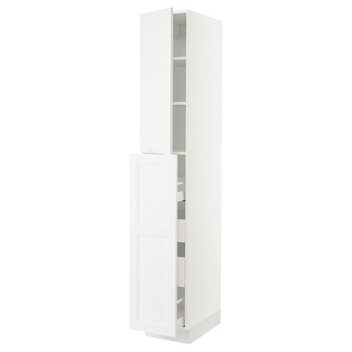 A white ikea SEKTION tall kitchen cabinet with adjustable shelves and a soft-close door.