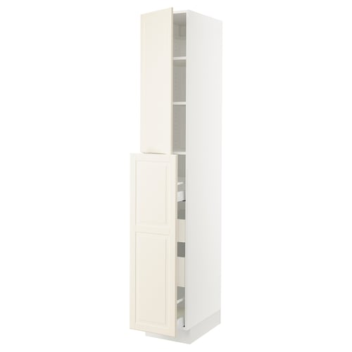Off-white kitchen cabinet, tall, rectangular, three sections, two adjustable shelves.