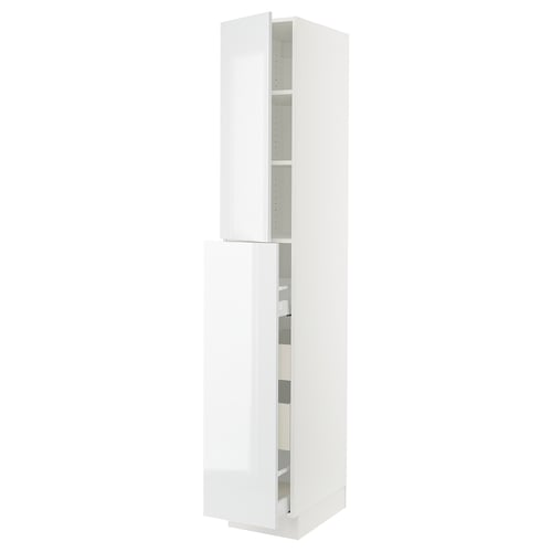 This image shows a white SEKTION kitchen cabinet with glossy finish and adjustable shelves.