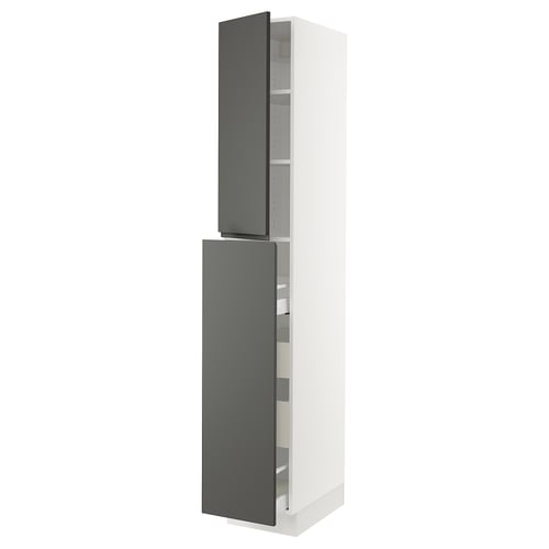 SEKTION kitchen cabinet, white & grey, tall, modern, integrated handles, adjustable shelves.