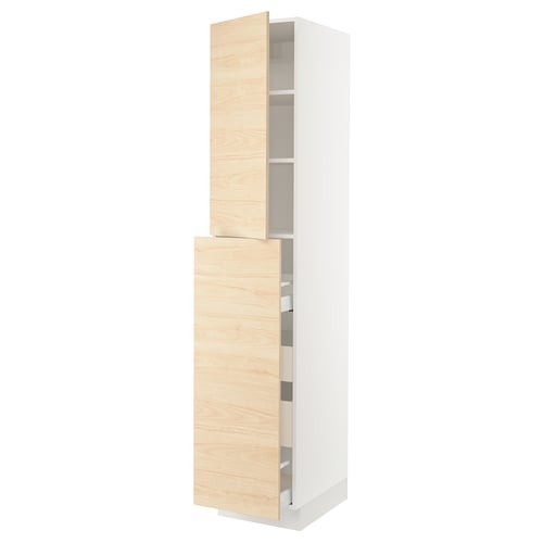 Modern kitchen cabinet in white & light wood, slim design.