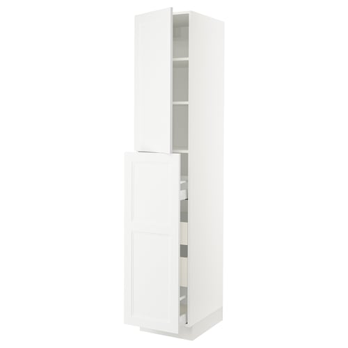 White SEKTION kitchen cabinet with two open shelves and drawers, modern design.