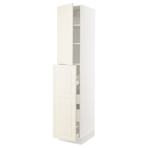 White SEKTION kitchen cabinet with adjustable shelves and bevelled off-white doors.