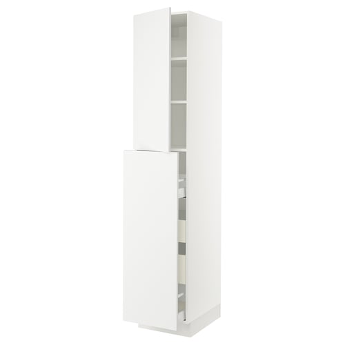 White high gloss kitchen cabinet, sleek modern design, adjustable shelves, soft-close door.