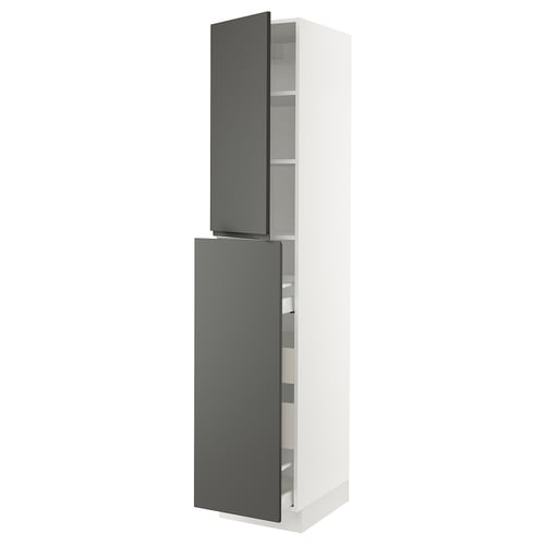 SEKTION kitchen cabinet, grey, with white shelves, tall, sleek design.