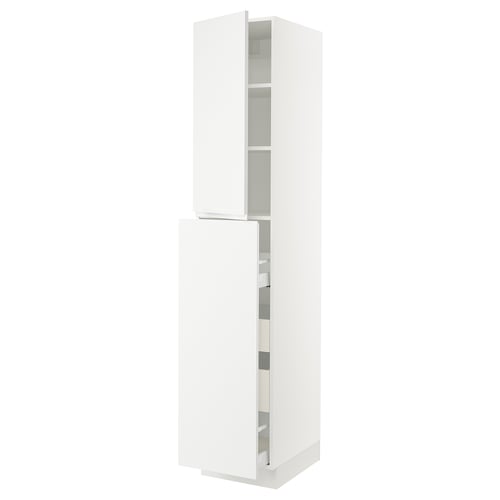 A white, minimalist kitchen cabinet with a sleek design and multiple shelves, featuring integrated handles.