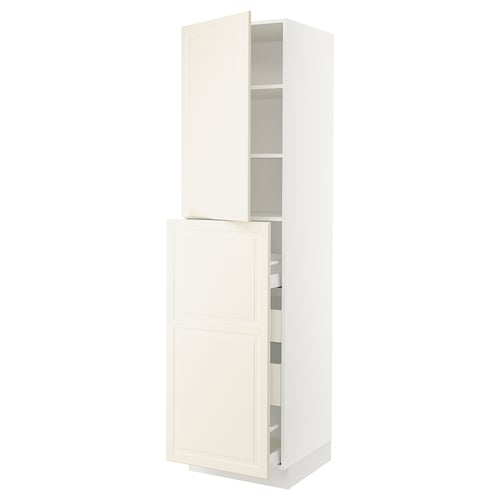 SEKTION white kitchen cabinet with off-white door, adjustable shelves, pull-out drawers, bevelled edges.